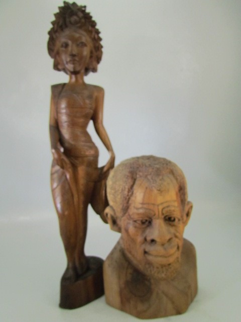 Group of carved wooden figures to include a chinese lady, bust of a man and two small ebonised - Image 2 of 4