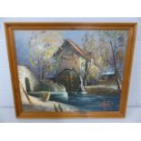 Oil on canvas depicting a water mill. signed in red lower right
