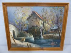 Oil on canvas depicting a water mill. signed in red lower right