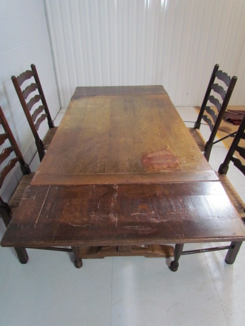 Antique oak dining table with matching rush seated chairs - Image 4 of 5