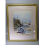 Ray Balkwill - a framed and glazed watercolour of a harbour scene.