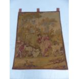 Antique tapestry depicting shepherdesses among sheep and foliage