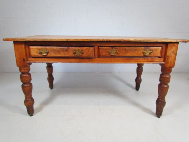 Antique pine farmhouse table with two drawers