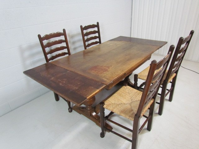 Antique oak dining table with matching rush seated chairs - Image 2 of 5