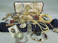 Selection of vintage costume jewellery to include a Nurses belt and buckle, boxed set of pearls etc