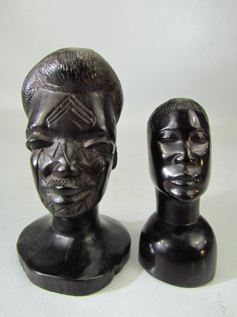 Group of carved wooden figures to include a chinese lady, bust of a man and two small ebonised - Image 3 of 4