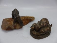 Small bronze figure of an otter mounted on stone signed Grace Critolley and one other Bronzed figure