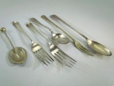 Two Victorian silver hallmarked forks, a continental hallmarked silver teaspoon and three other