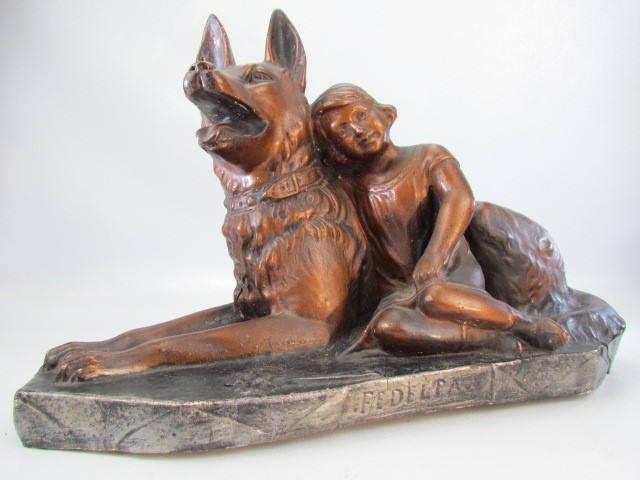 Bronzed coloured figure of an Alsatian and a child signed Fedelpa - Image 2 of 2