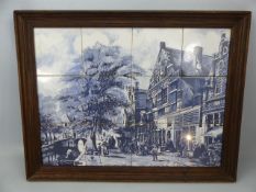 Delft framed tiles depicting a street scene