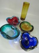 Four Murano glass ashtrays and a murano style vase