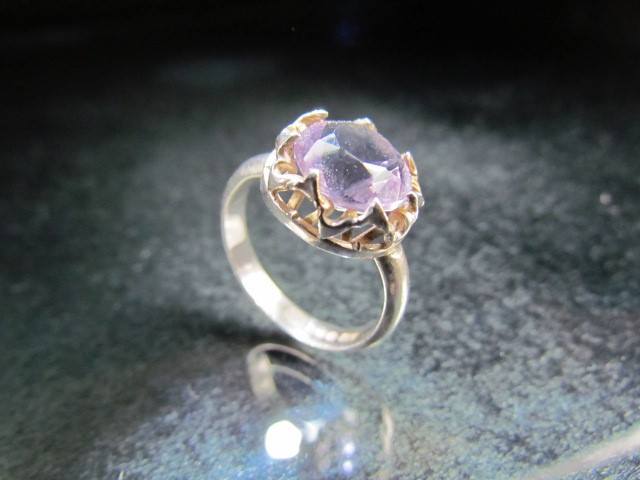 Scottish hallmarked Silver ring set with a single large purple stone (possibly Amethyst). - Image 2 of 4