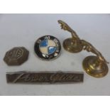 Two Jaguar hood ornaments, MG Car badge, BMW car badge and a Power Glide car badge