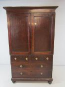 Antique Linen press with four drawers below and cupboard above containing sliding shelves. With