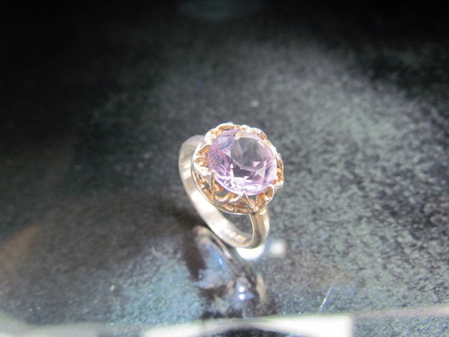 Scottish hallmarked Silver ring set with a single large purple stone (possibly Amethyst). - Image 3 of 4