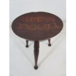 Antique turned wooden stool with writing to seat 'Sit ye Down'