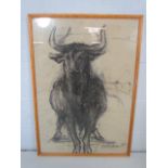 Unusual Charcoal drawing of a bull signature indistinct dated 1999