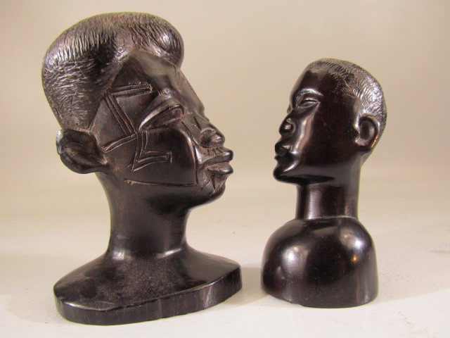 Group of carved wooden figures to include a chinese lady, bust of a man and two small ebonised - Image 4 of 4