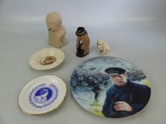 Winston Churchill related pottery to include Ashtray, toby jug, plate and bust.