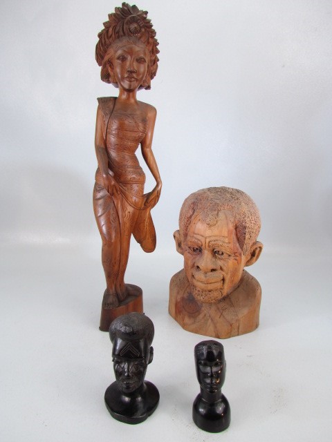 Group of carved wooden figures to include a chinese lady, bust of a man and two small ebonised