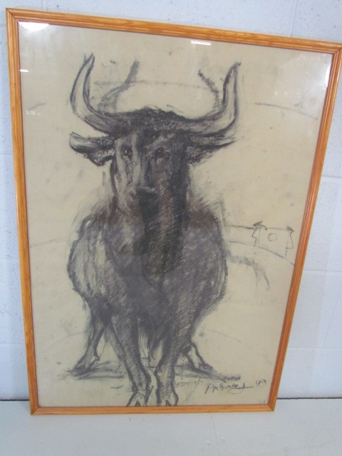 Unusual Charcoal drawing of a bull signature indistinct dated 1999 - Bild 3 aus 3