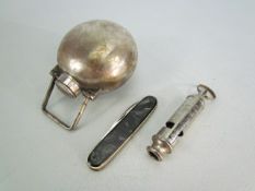 Silver coloured hip flask, enamelled top pot and a mother of pearl fruit knife