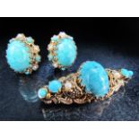 West German dress earrings and brooch. Each set with Turquoise and Pearls