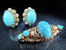 West German dress earrings and brooch. Each set with Turquoise and Pearls