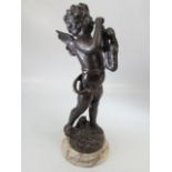 Bronze cherub playing a horn signed L & J Moreau