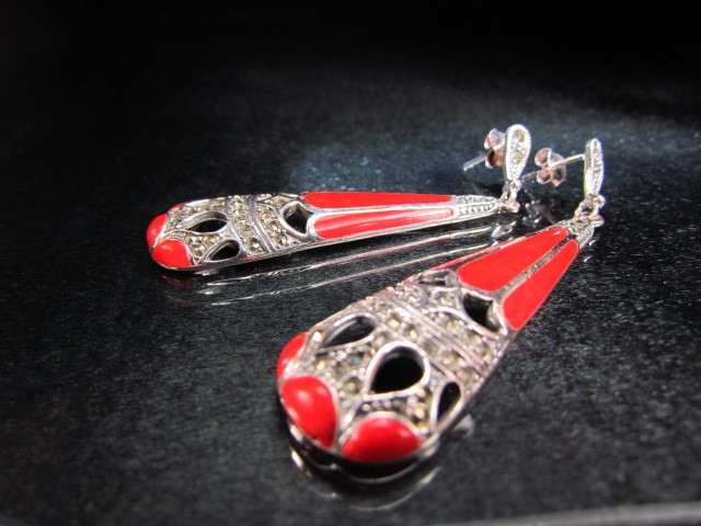 Pair of silver and enamel set earrings, stamped 925 - Image 3 of 3