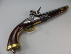 An 18th century poss walnut barrel Flintlock naval pistol with brass mounts.