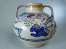 1920's Poole Pottery Twin handled bulbous vase in the blue bird pattern. approx 16cm high