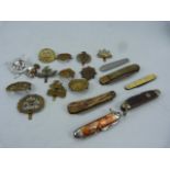 Collection of military badges and penknives