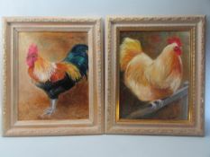 Pair of framed oil paintings of chickens by Ros Heaven