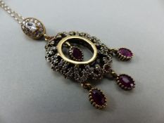 Silver 925 with gold plating in parts, Oval form Ruby and possibly CZ Pendant. Overall dimensions