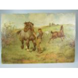 Florence E Valter: oil on board unframed and signed lower right of horses in a field