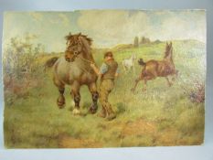 Florence E Valter: oil on board unframed and signed lower right of horses in a field