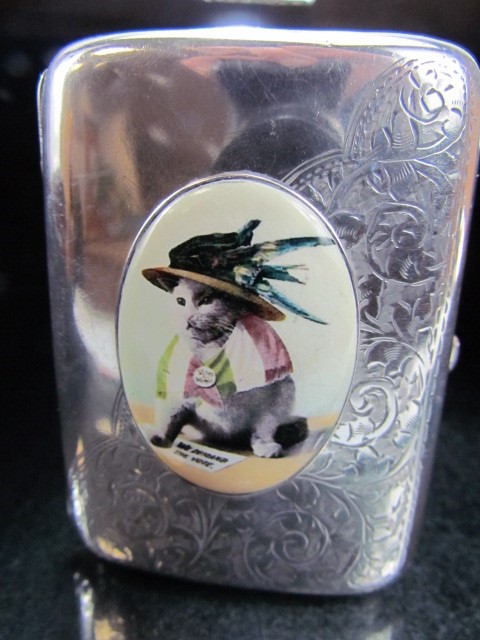 Silver case with enamel image of a suffragette cat - Image 2 of 3