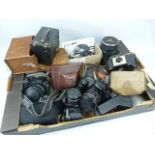 Collection of vintage camera equipment to include Ilford, Pentax, Canon EOS 1000F, No 2 Brownie etc