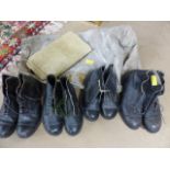 Two pairs of ammunition boots and two pairs of DMS boots plus military bag and ground sheet