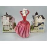 Royal Doulton figure of a lady and two Otagiri houses