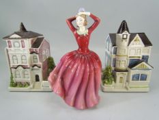 Royal Doulton figure of a lady and two Otagiri houses