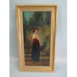 M Goodman - oil on canvas depicting a lady Shepherdess and a goat. Some damage to canvas