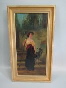 M Goodman - oil on canvas depicting a lady Shepherdess and a goat. Some damage to canvas