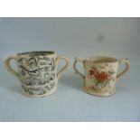 Two loving cups, the first transfer printed in black with 'God Speed the Plough' and agricultural