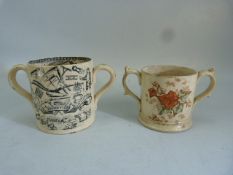 Two loving cups, the first transfer printed in black with 'God Speed the Plough' and agricultural