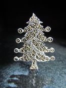 Silver and marcasite Christmas tree brooch