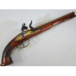 Flintlock long barrelled pistol with carved chequered grip unusual brass barrel (approx 32cm) with