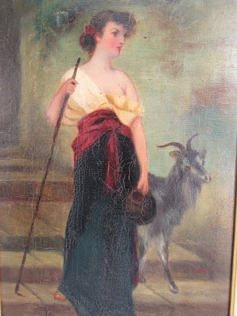 M Goodman - oil on canvas depicting a lady Shepherdess and a goat. Some damage to canvas - Image 2 of 6