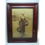 Antique aquatint of a lady in a seaside scene with fishing baskets. Mounted and glazed in a mahogany